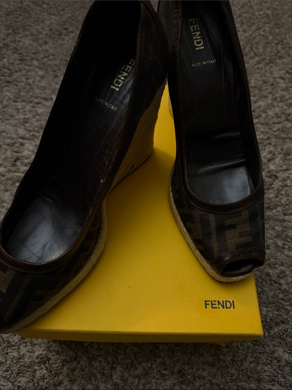 Fendi Brown Monogram Peep-Toe Espadrille Wedges. Size 11